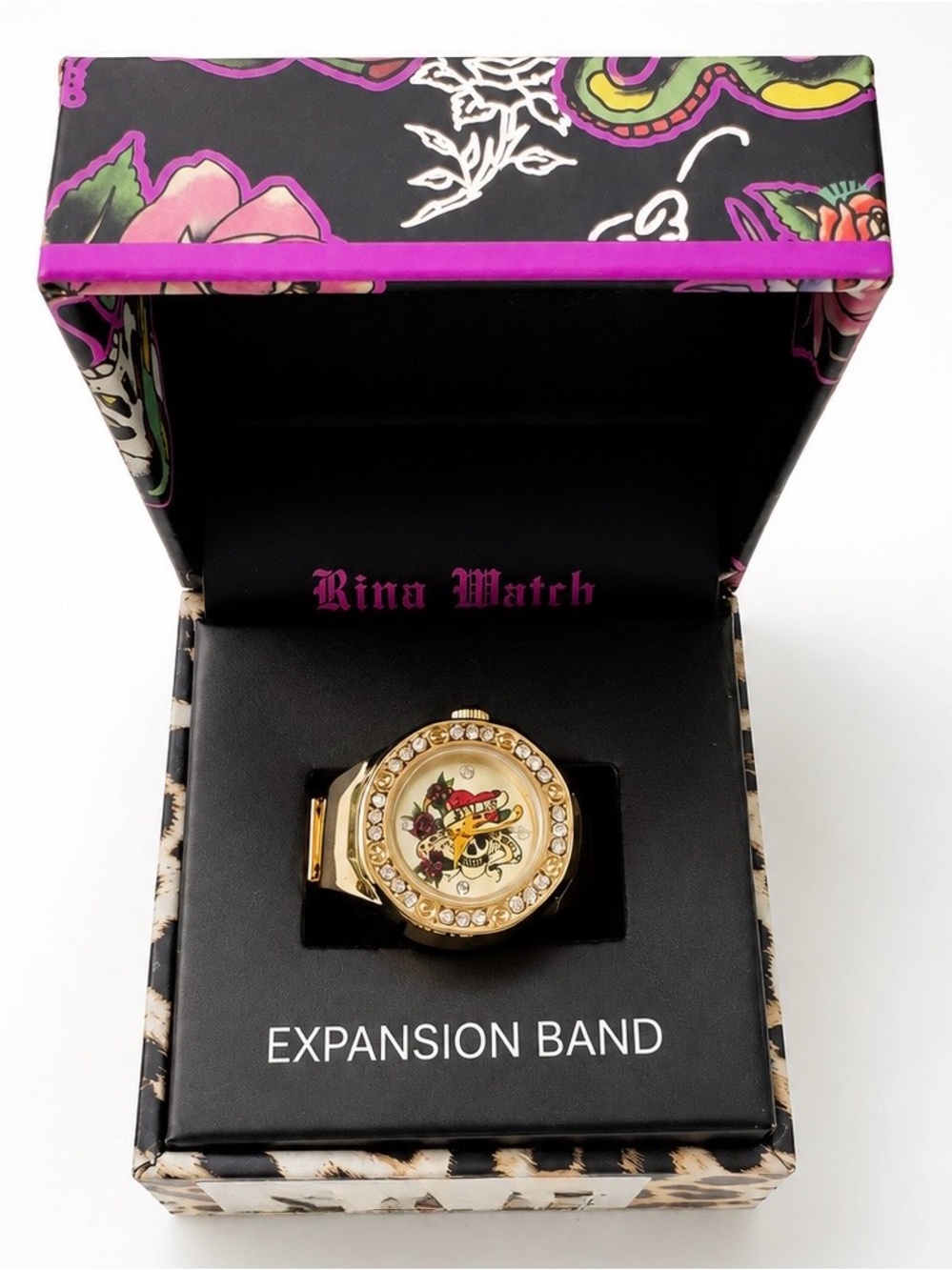 Ed Hardy Ring Watch – Gold Tone Skull “Love Kills” Expansion Band – NWT